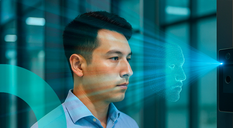 Homme utilisant un système de reconnaissance faciale pour le contrôle d’accès