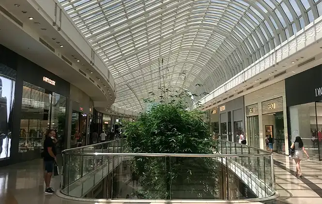 Galerie marchande lumineuse avec verrière en verre et végétation centrale