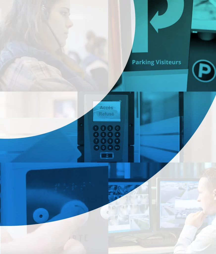 Femme au casque en centre de contrôle, panneau parking visiteurs, clavier d’accès affichant accès refusé et opérateur surveillant des écrans de sécurité
