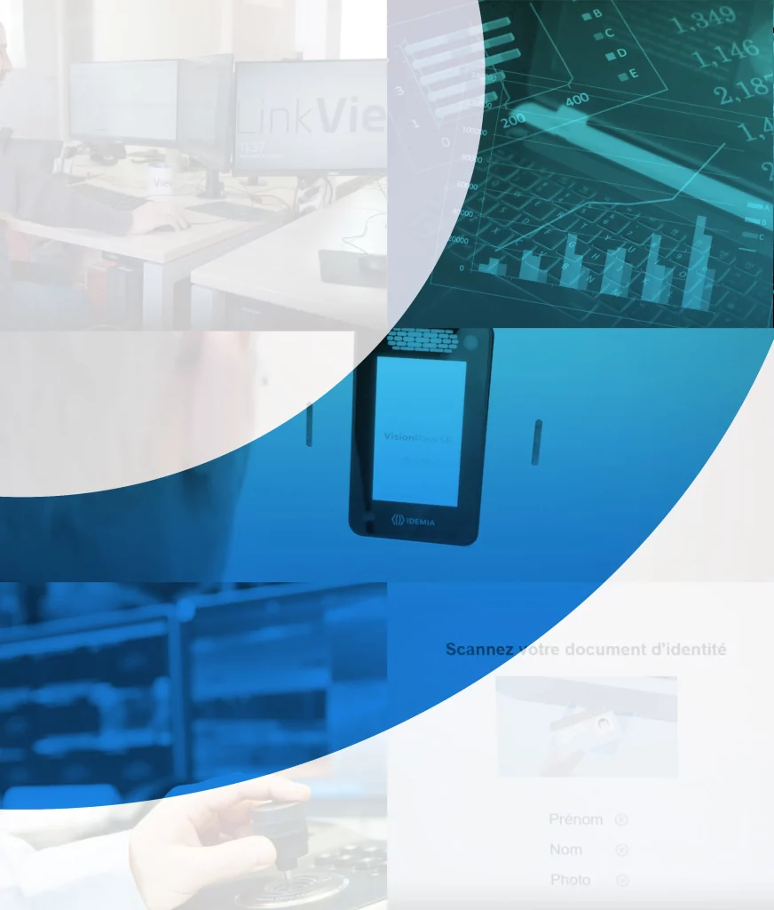 Employé travaillant sur ordinateur avec écran LinkView, graphiques financiers en 3D, terminal de reconnaissance faciale Idemia et contrôle d’identité sur poste de sécurité