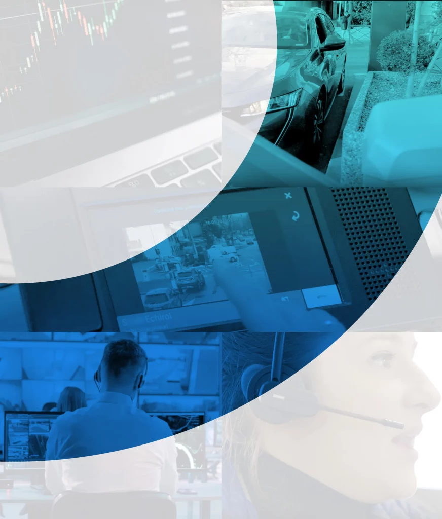 Graphique sur ordinateur portable, voiture à une barrière, écran tactile de surveillance vidéo, opérateurs au centre de contrôle et femme au casque en communication