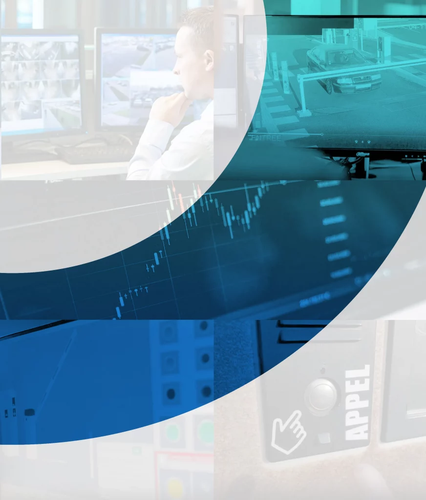 Opérateur surveillant des écrans de vidéosurveillance, voiture à une barrière de parking, graphique sur moniteur et bouton d’appel sur interphone