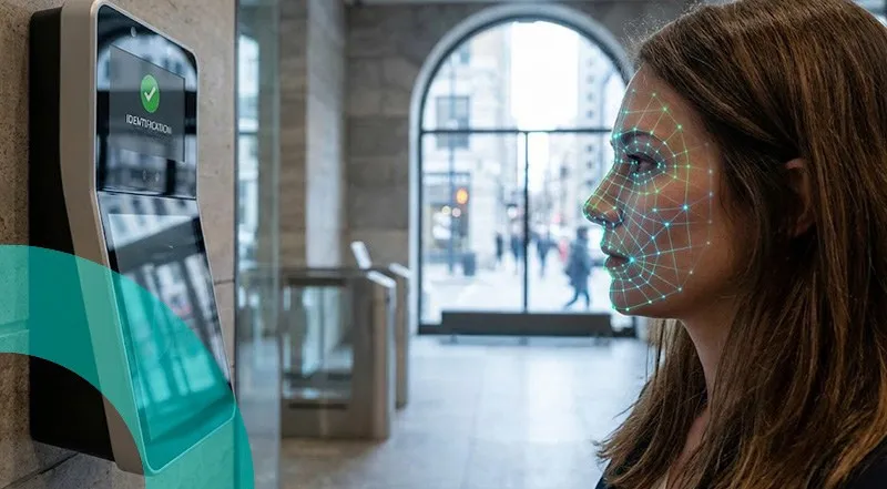 Biometric facial recognition illustration: a woman facing a screen with digital waves representing facial feature analysis.