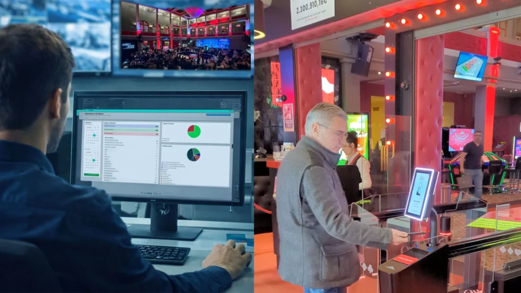 Système de contrôle d'accès biométrique dans un casino avec supervision sur écran et borne d'entrée sécurisée